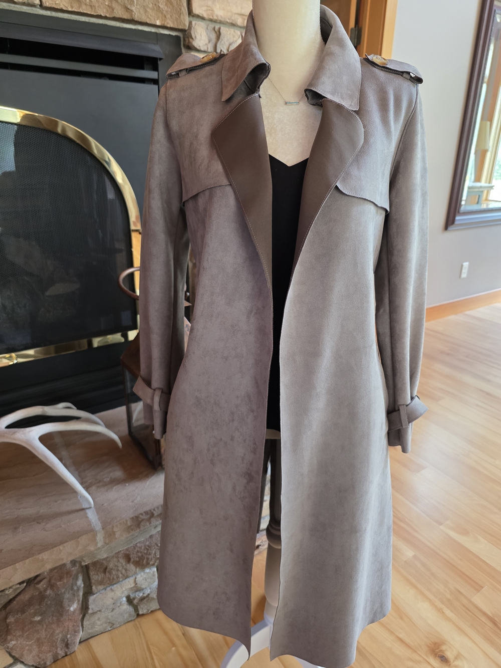 Suede Look Trench Coat - Taupe Belted Women's Coat